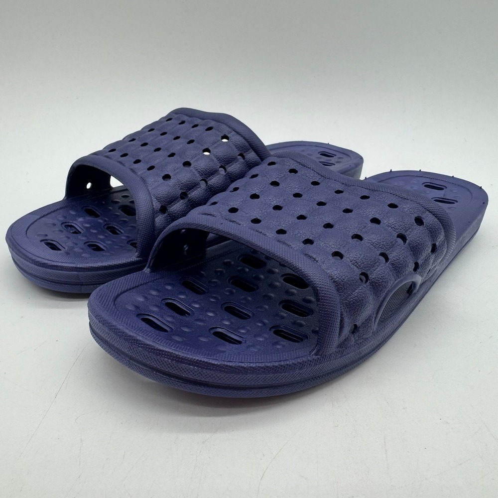 Navy Blue Shower Slide Sandals Large mens 11 Perforated Open Toe Pool Gym Shoes
